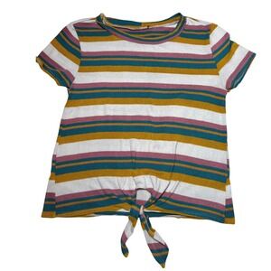 Girls Striped Tie Front‎ Short Sleeve T Shirt Top Size M